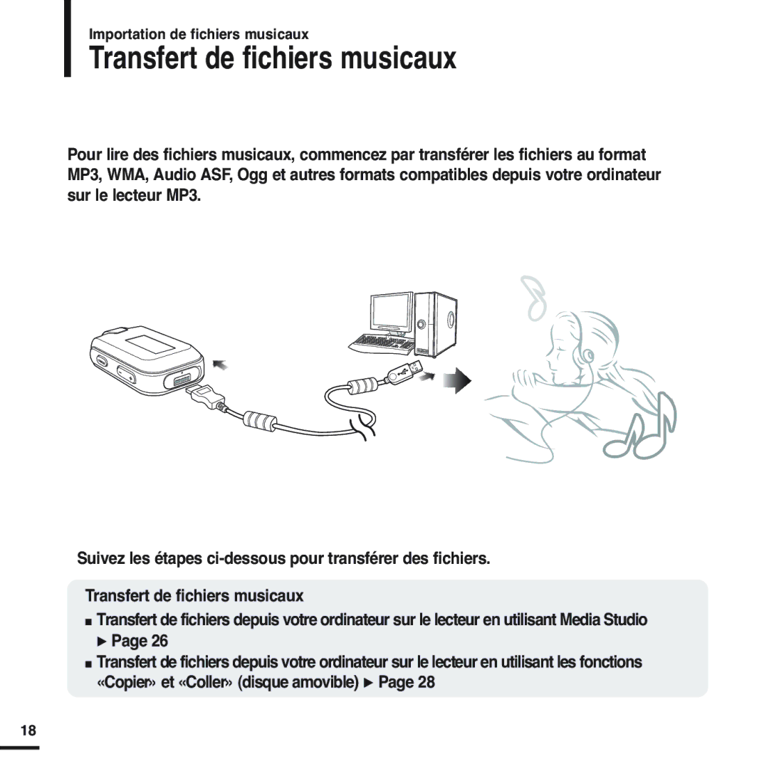 Samsung YP-F2RZW/XEF, YP-F2RZB/ELS, YP-F2RQB/XEF, YP-F2RZW/ELS, YP-F2RQB/ELS manual Transfert de fichiers musicaux 