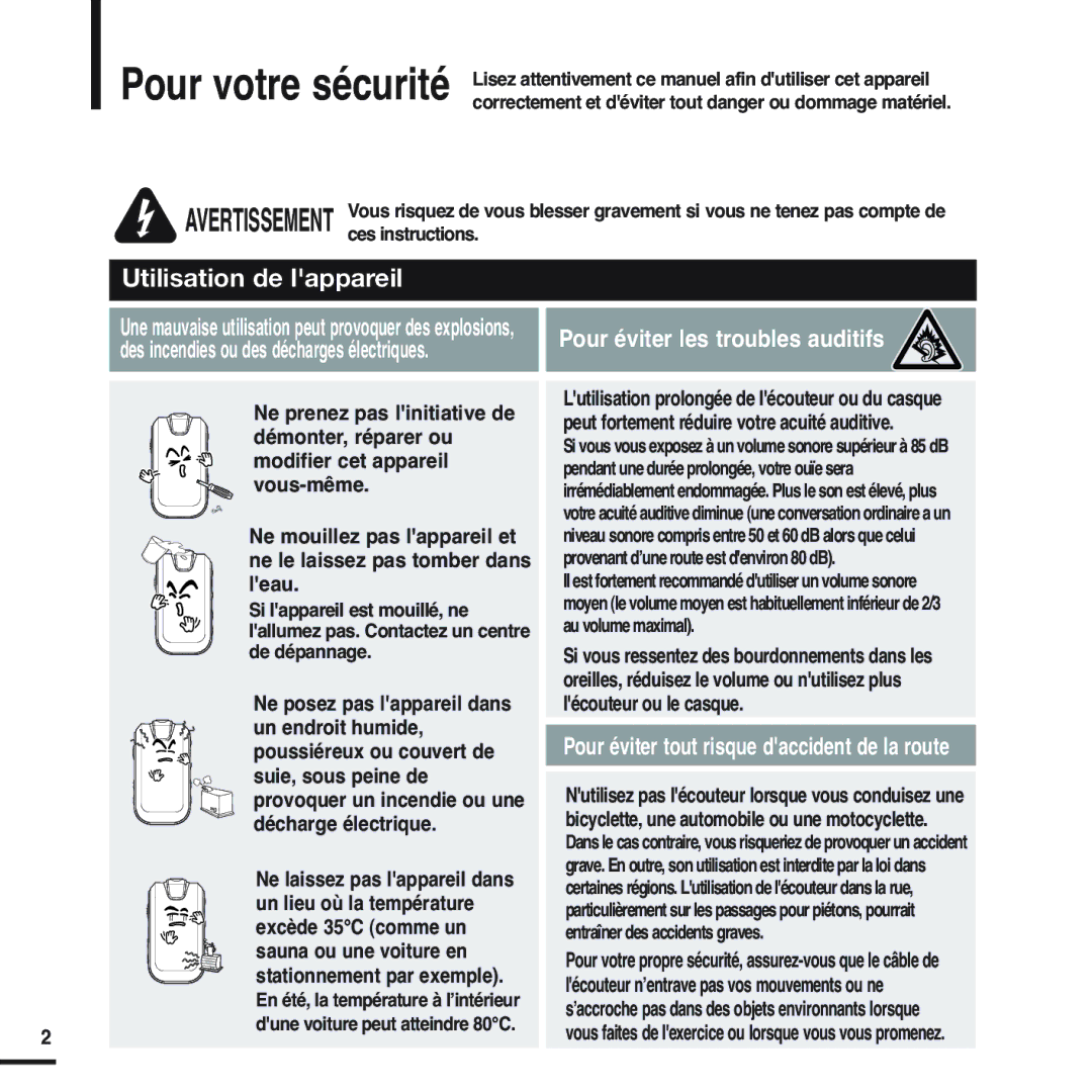 Samsung YP-F2RZW/ELS, YP-F2RZB/ELS, YP-F2RQB/XEF, YP-F2RZW/XEF, YP-F2RQB/ELS manual Utilisation de lappareil 