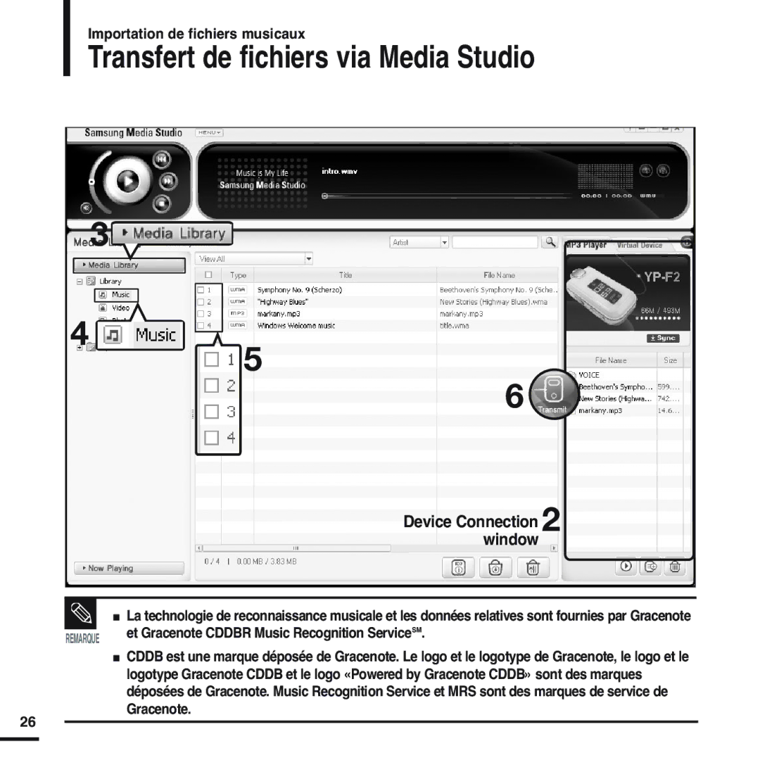 Samsung YP-F2RQB/XEF, YP-F2RZB/ELS, YP-F2RZW/ELS manual Transfert de fichiers via Media Studio, Device Connection 2 window 