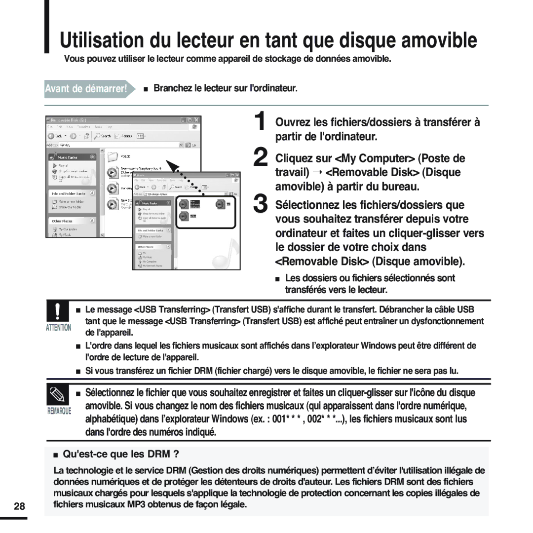 Samsung YP-F2RZW/XEF, YP-F2RZB/ELS, YP-F2RQB/XEF, YP-F2RZW/ELS manual Utilisation du lecteur en tant que disque amovible 