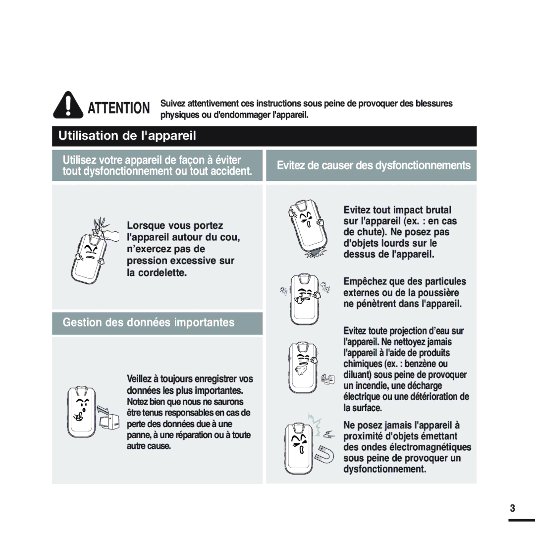 Samsung YP-F2RZW/XEF, YP-F2RZB/ELS, YP-F2RQB/XEF, YP-F2RZW/ELS, YP-F2RQB/ELS manual Gestion des données importantes 