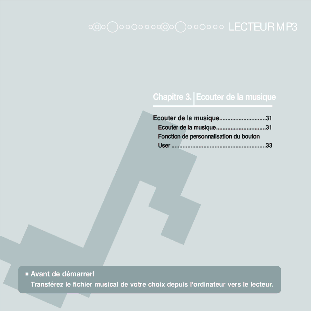 Samsung YP-F2RZB/ELS, YP-F2RQB/XEF, YP-F2RZW/ELS, YP-F2RZW/XEF, YP-F2RQB/ELS manual Lecteur MP3 