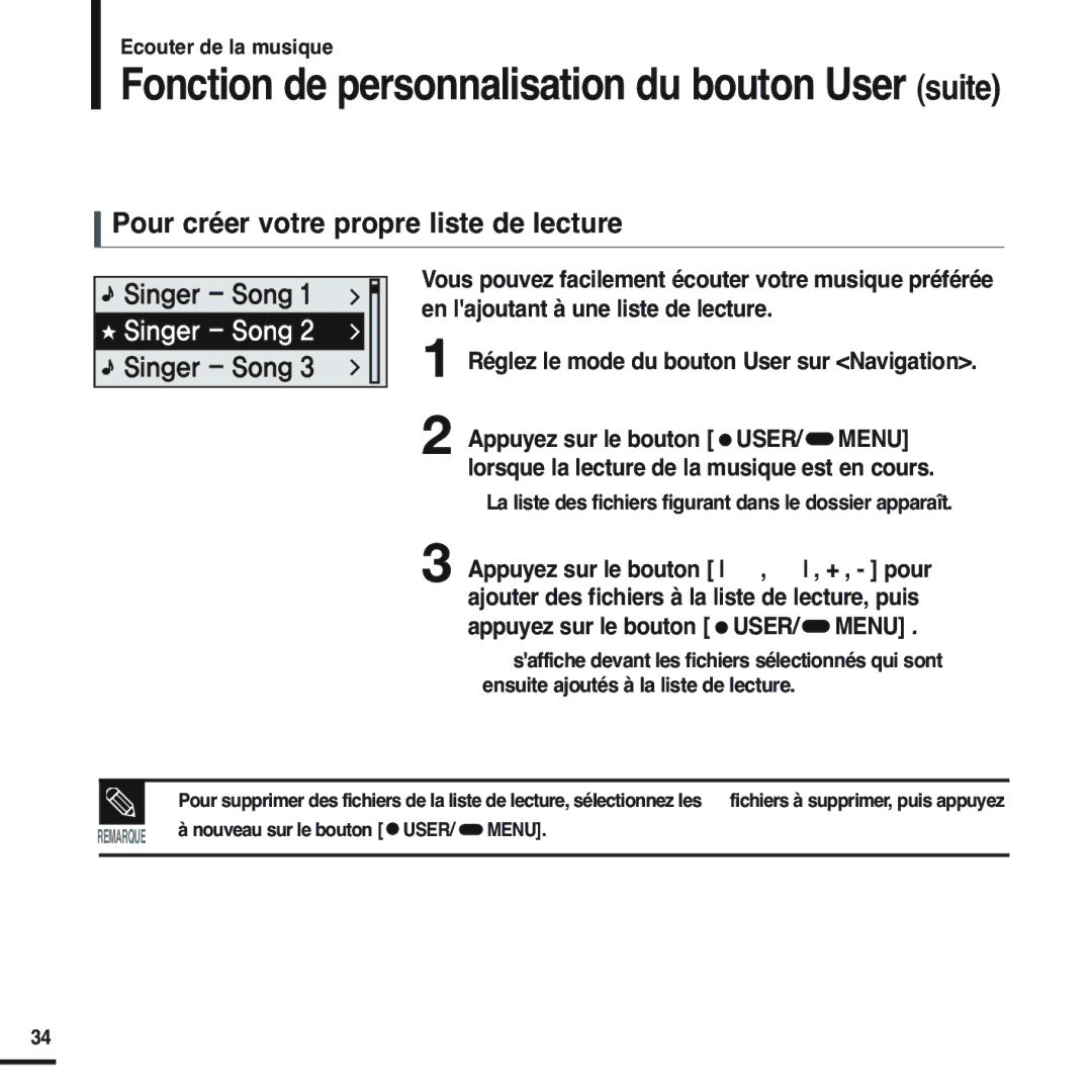 Samsung YP-F2RQB/ELS manual Fonction de personnalisation du bouton User suite, Pour créer votre propre liste de lecture 