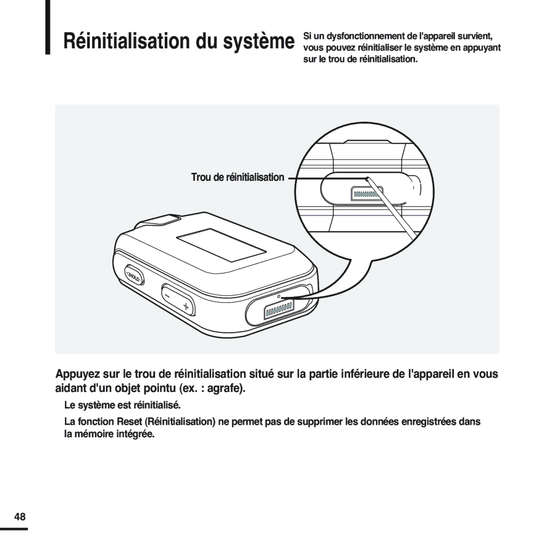 Samsung YP-F2RZW/XEF, YP-F2RZB/ELS, YP-F2RQB/XEF, YP-F2RZW/ELS manual Réinitialisation du système, Trou de réinitialisation 