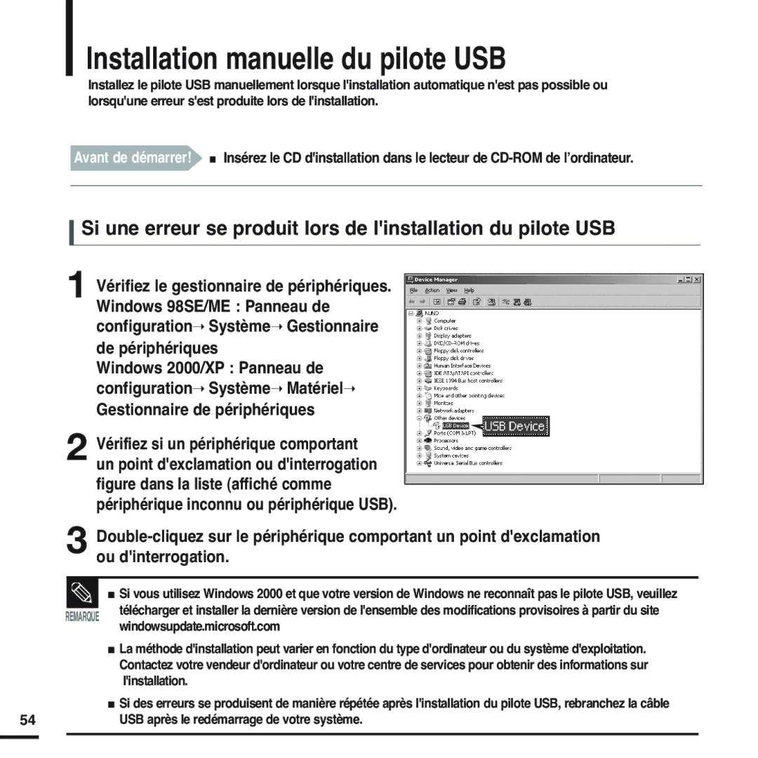 Samsung YP-F2RQB/ELS Installation manuelle du pilote USB, Si une erreur se produit lors de linstallation du pilote USB 