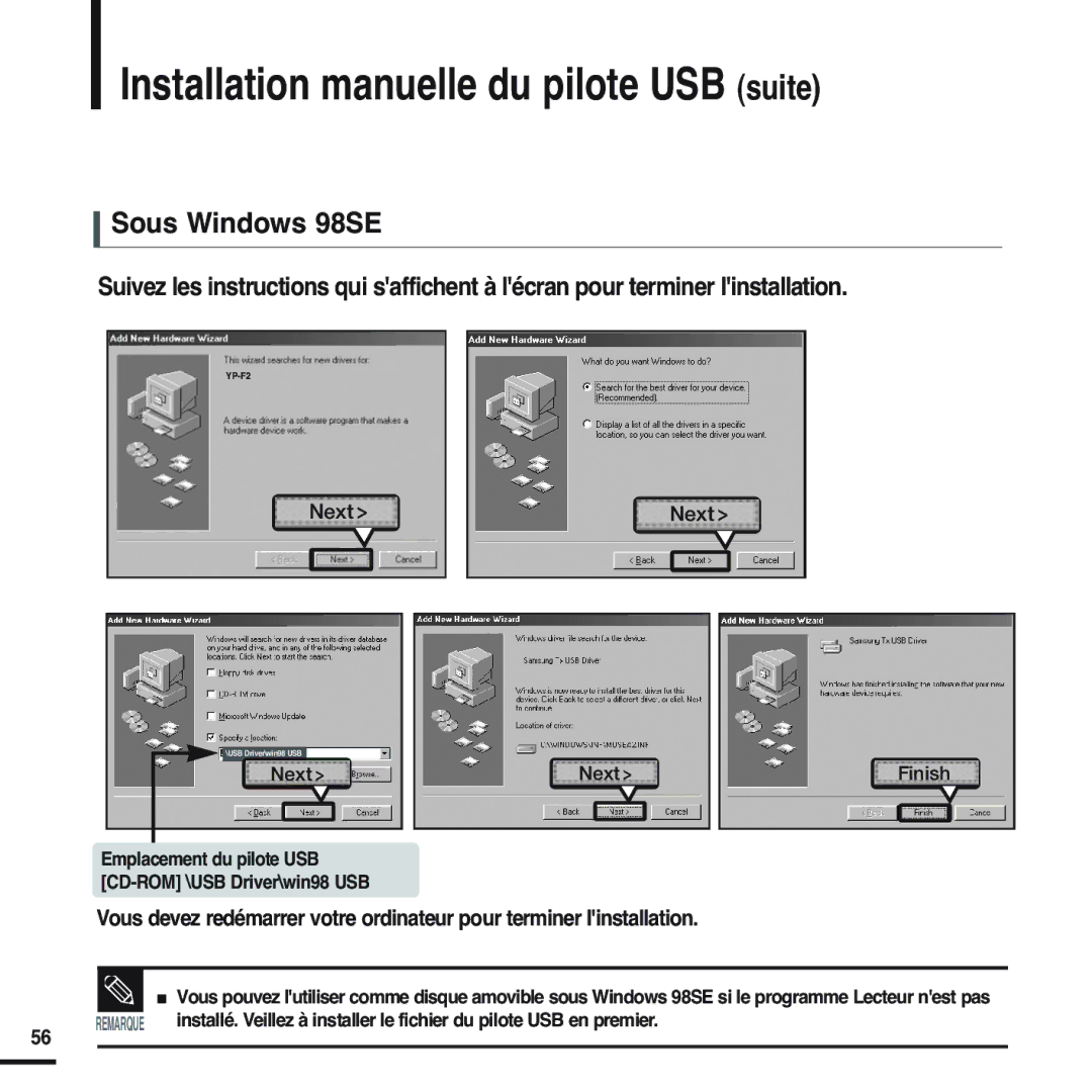 Samsung YP-F2RQB/XEF, YP-F2RZB/ELS, YP-F2RZW/ELS, YP-F2RZW/XEF Installation manuelle du pilote USB suite, Sous Windows 98SE 