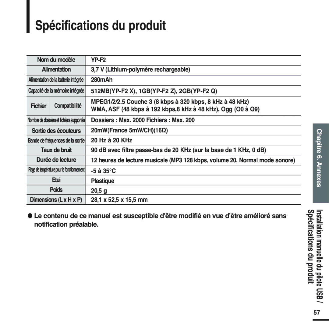 Samsung YP-F2RZW/ELS, YP-F2RZB/ELS, YP-F2RQB/XEF, YP-F2RZW/XEF, YP-F2RQB/ELS manual Spécifications du produit 