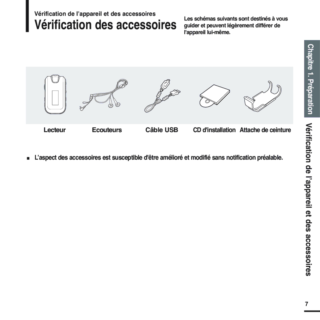 Samsung YP-F2RZW/ELS, YP-F2RZB/ELS, YP-F2RQB/XEF Vérification de l’appareil et des accessoires, Lecteur Ecouteurs Câble USB 