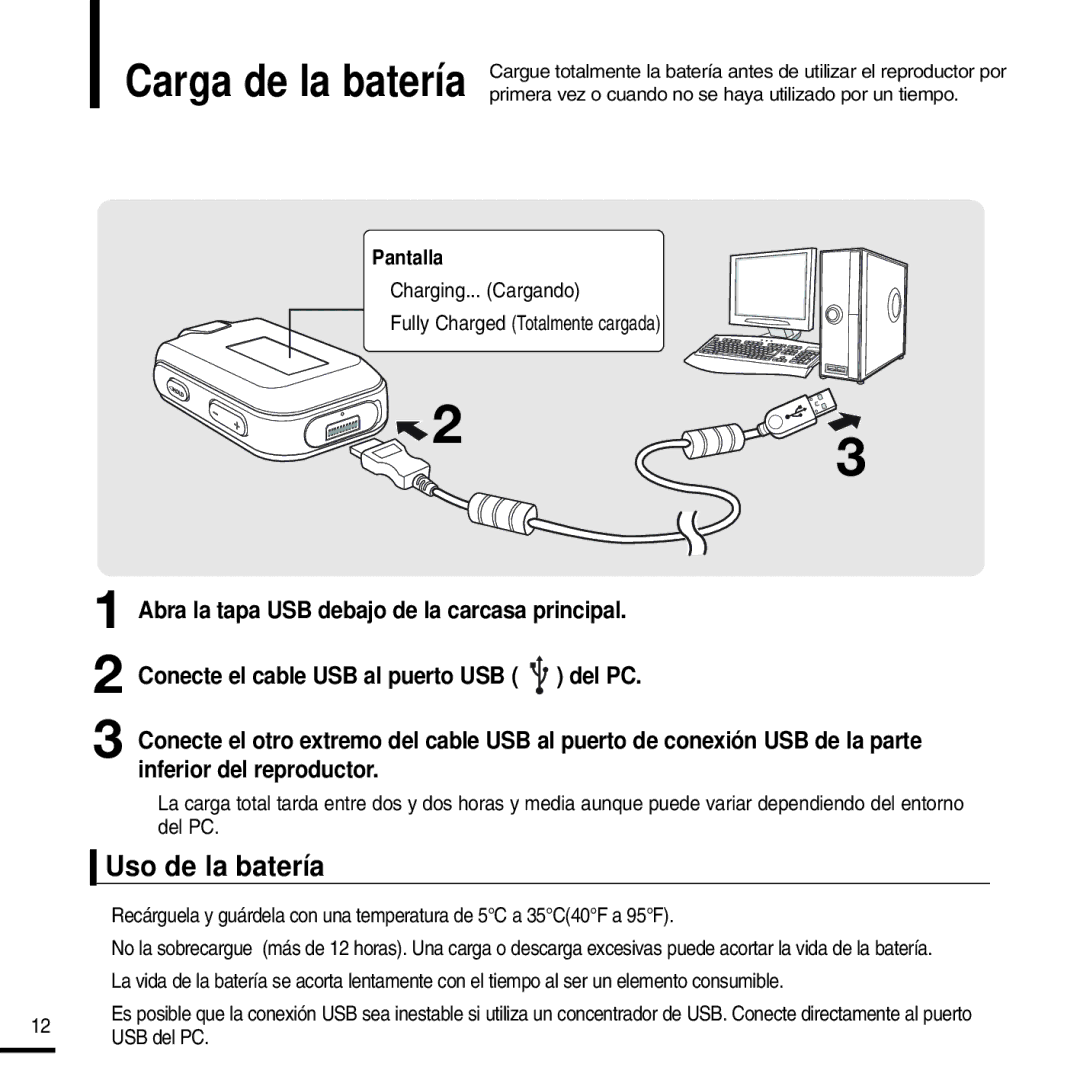 Samsung YP-F2RZW/ELS, YP-F2RZW/XET, YP-F2RXB/ELS manual Carga de la batería, Uso de la batería, Pantalla, USB del PC 