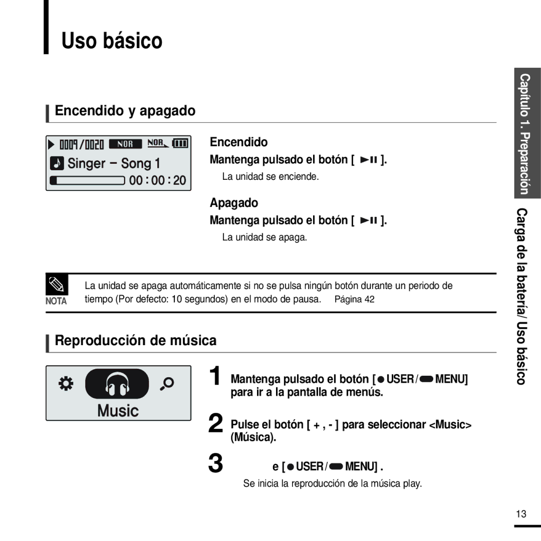 Samsung YP-F2RZW/XET, YP-F2RZW/ELS manual Uso básico, Encendido y apagado, Reproducción de música, Mantenga pulsado el botón 