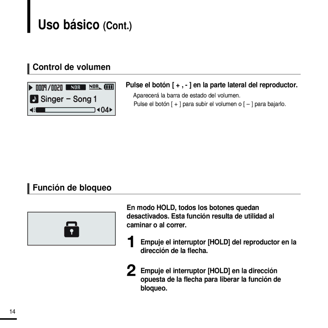 Samsung YP-F2RXB/ELS manual Control de volumen, Función de bloqueo, Pulse el botón + , en la parte lateral del reproductor 