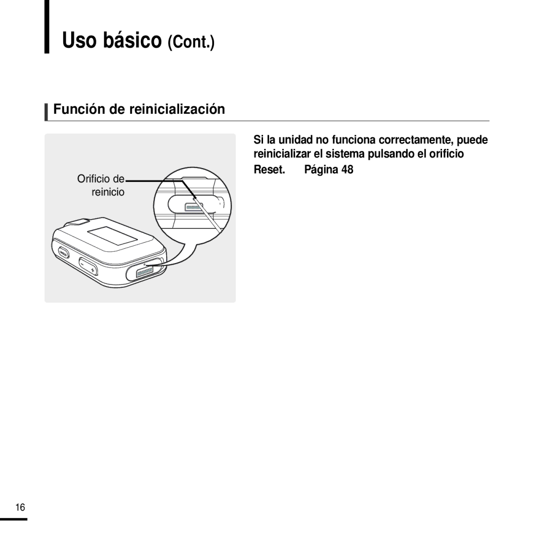 Samsung YP-F2RZW/XET, YP-F2RZW/ELS, YP-F2RXB/ELS manual Función de reinicialización, Orificio de reinicio 