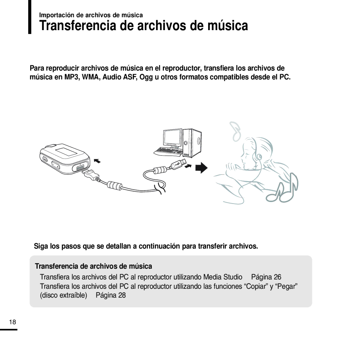 Samsung YP-F2RZW/ELS, YP-F2RZW/XET, YP-F2RXB/ELS Transferencia de archivos de música, Importación de archivos de música 