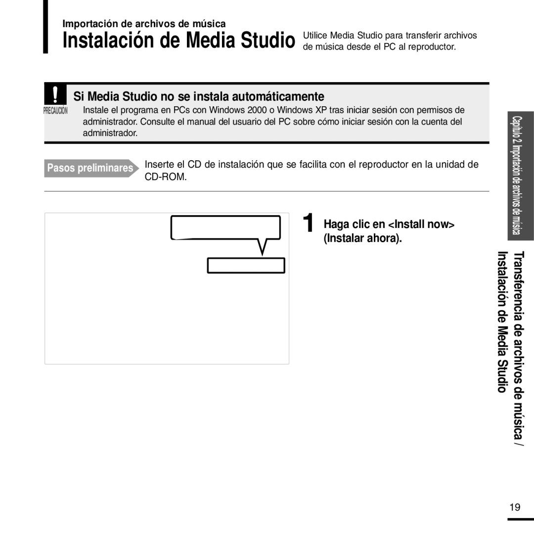 Samsung YP-F2RZW/XET, YP-F2RZW/ELS, YP-F2RXB/ELS manual Haga clic en Install now Instalar ahora, Música, Media Studio 