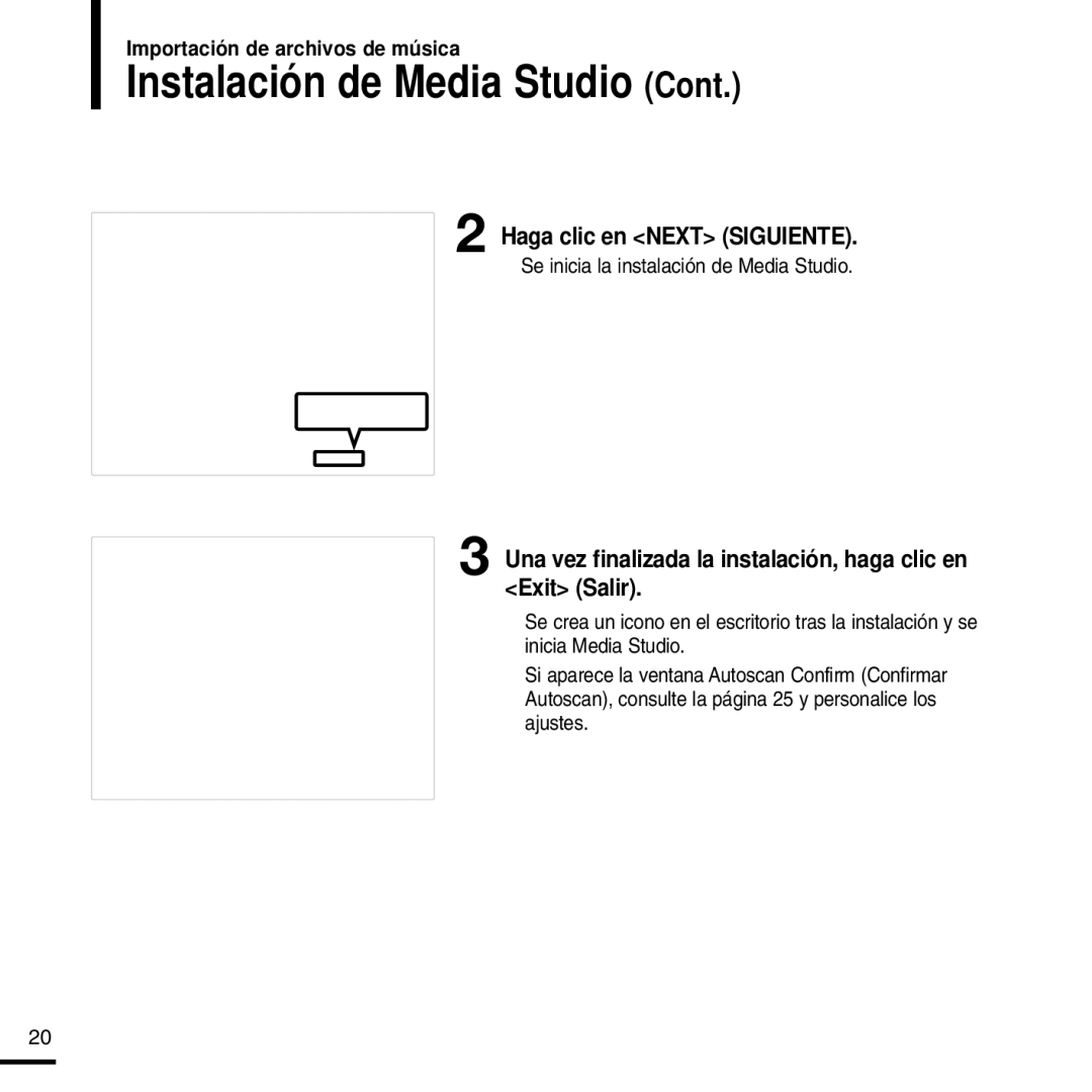 Samsung YP-F2RXB/ELS Instalación de Media Studio, Haga clic en Next Siguiente, Se inicia la instalación de Media Studio 