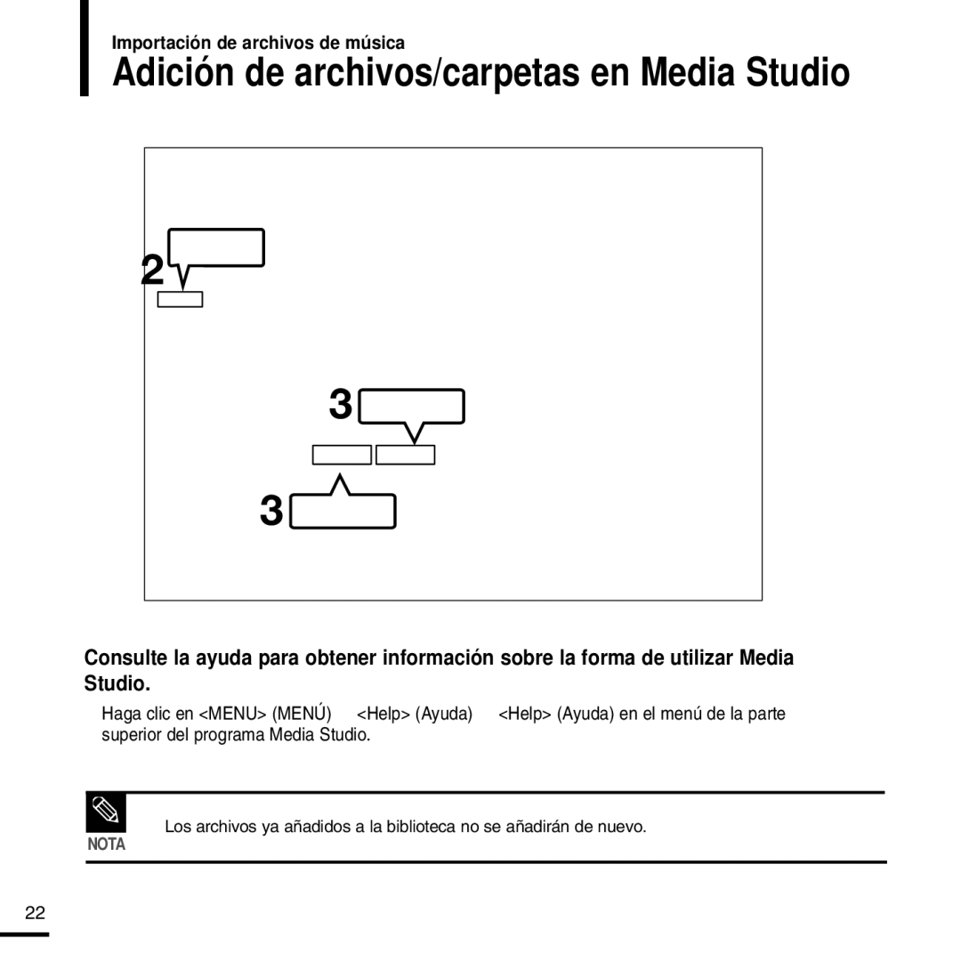 Samsung YP-F2RZW/XET, YP-F2RZW/ELS, YP-F2RXB/ELS manual Adición de archivos/carpetas en Media Studio 