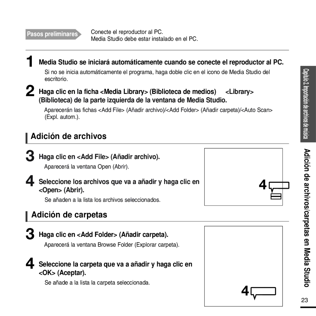 Samsung YP-F2RXB/ELS, YP-F2RZW/ELS manual Adición de archivos, Adición de carpetas, Haga clic en Add File Añadir archivo 