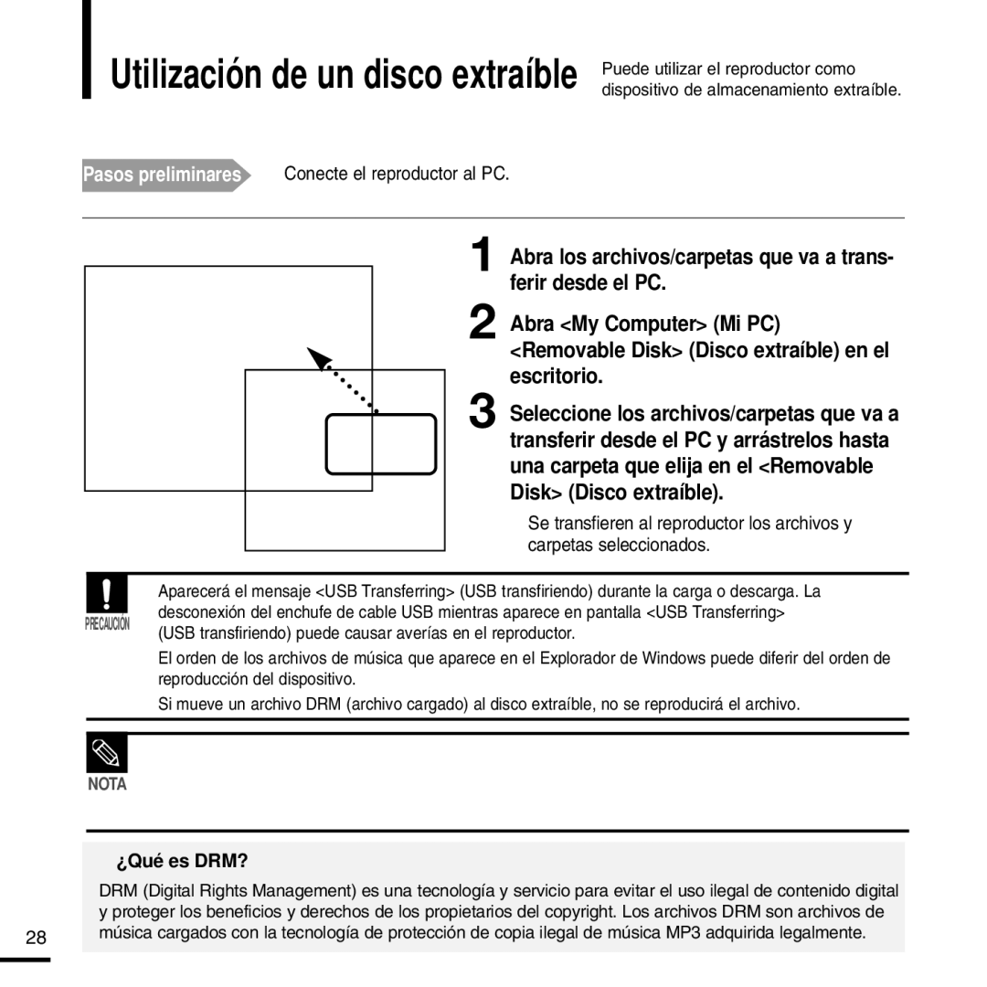 Samsung YP-F2RZW/XET, YP-F2RZW/ELS, YP-F2RXB/ELS manual Pasos preliminares Conecte el reproductor al PC, ¿Qué es DRM? 