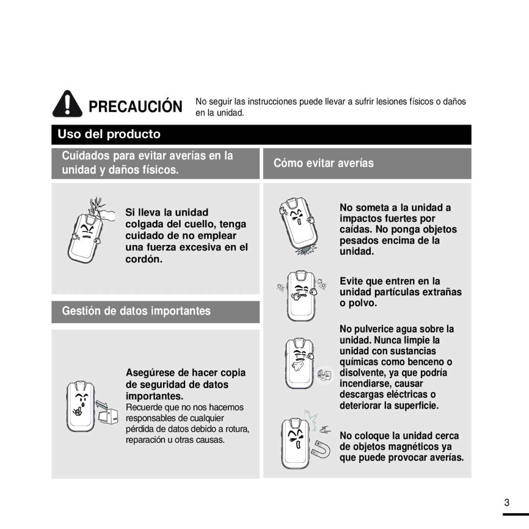 Samsung YP-F2RZW/ELS, YP-F2RZW/XET, YP-F2RXB/ELS manual Cuidados para evitar averías en la unidad y daños físicos 