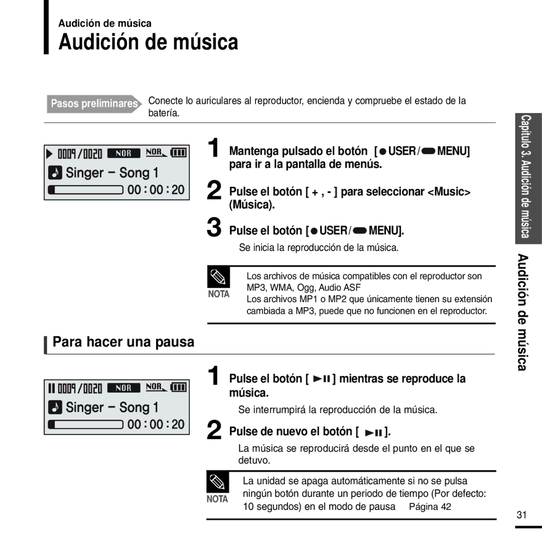 Samsung YP-F2RZW/XET Audición de música, Para hacer una pausa, Pulse el botón mientras se reproduce la música, De música 