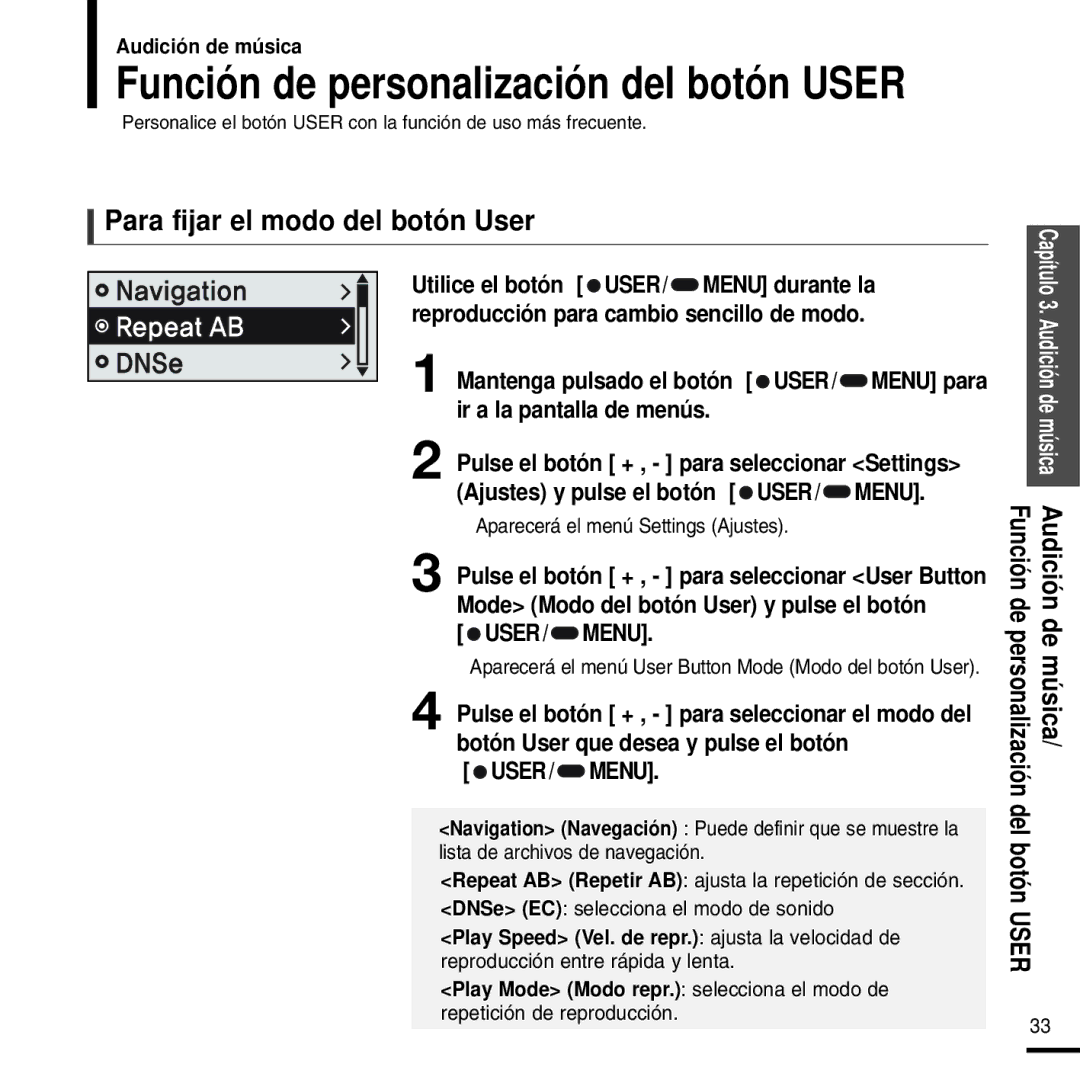 Samsung YP-F2RZW/ELS manual Función de personalización del botón User, Para fijar el modo del botón User, USER/ Menu 