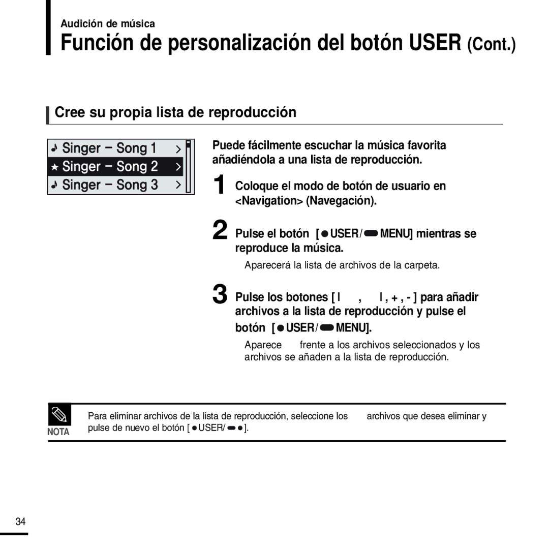 Samsung YP-F2RZW/XET manual Cree su propia lista de reproducción, Pulse el botón USER/ Menu mientras se reproduce la música 