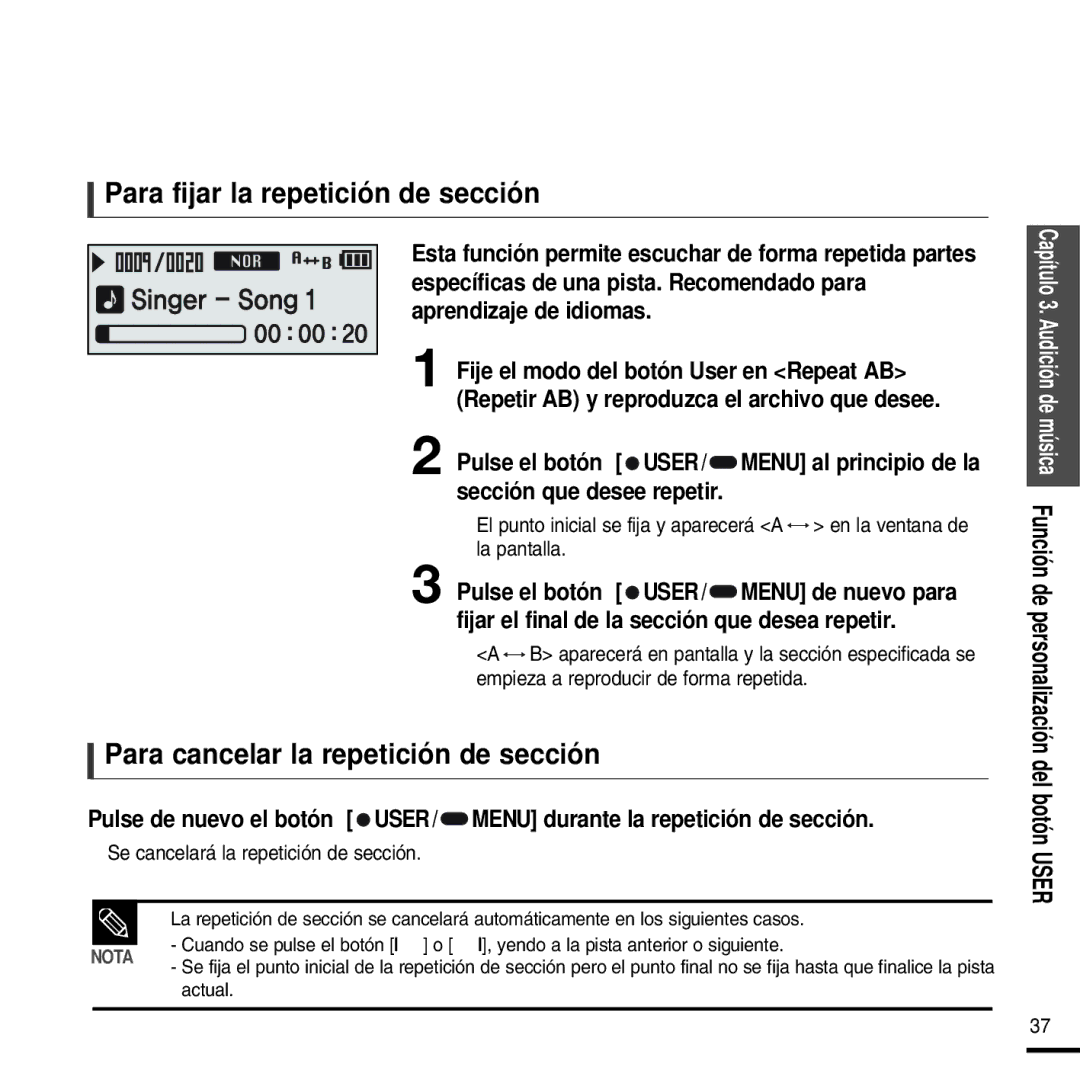 Samsung YP-F2RZW/XET, YP-F2RZW/ELS manual Para fijar la repetición de sección, Para cancelar la repetición de sección 