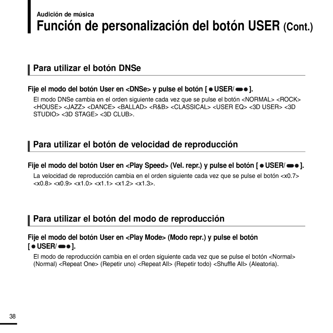 Samsung YP-F2RXB/ELS, YP-F2RZW/ELS manual Para utilizar el botón DNSe, Para utilizar el botón de velocidad de reproducción 