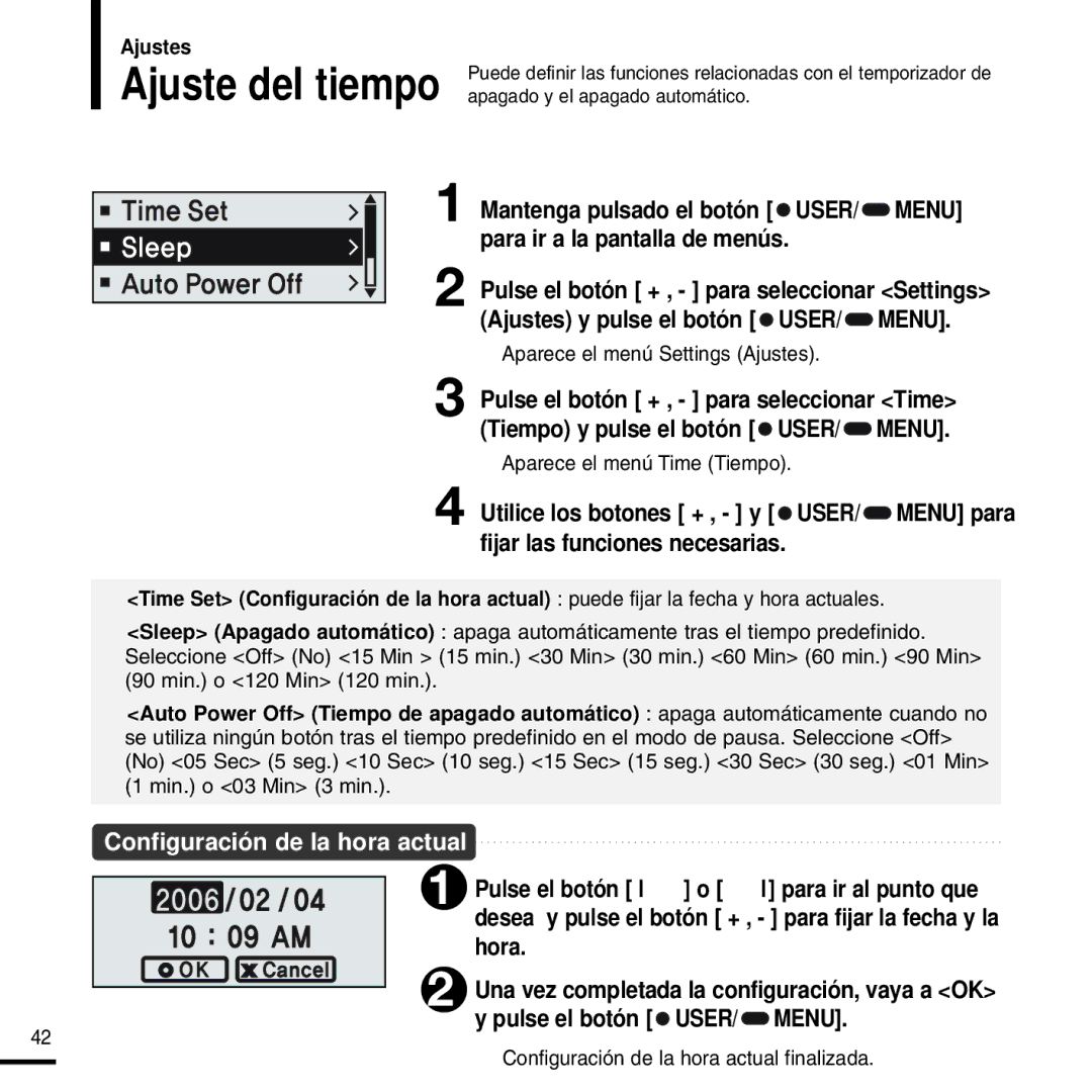 Samsung YP-F2RZW/ELS manual Ajuste del tiempo, Aparece el menú Time Tiempo, Configuración de la hora actual finalizada 