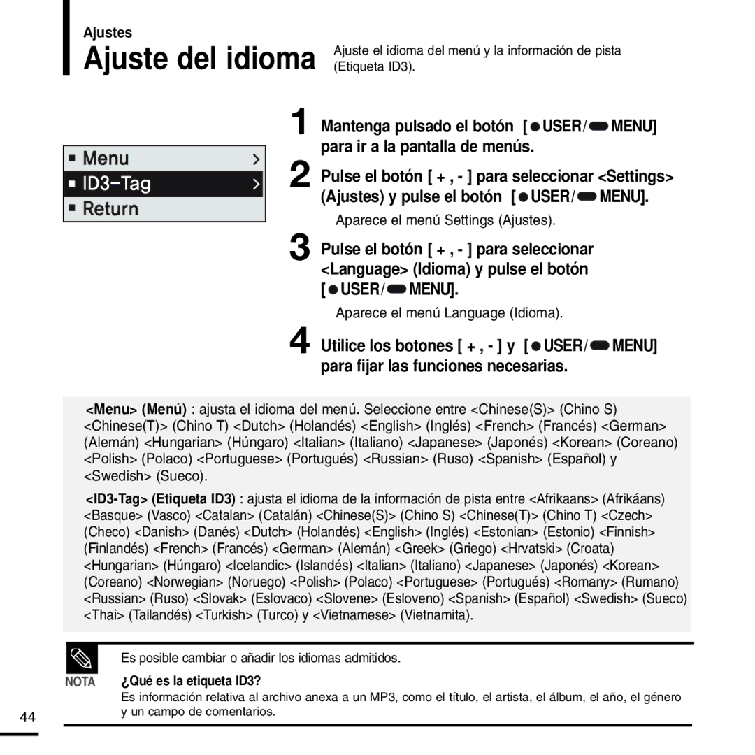 Samsung YP-F2RXB/ELS, YP-F2RZW/ELS, YP-F2RZW/XET manual Ajuste del idioma, Aparece el menú Language Idioma 