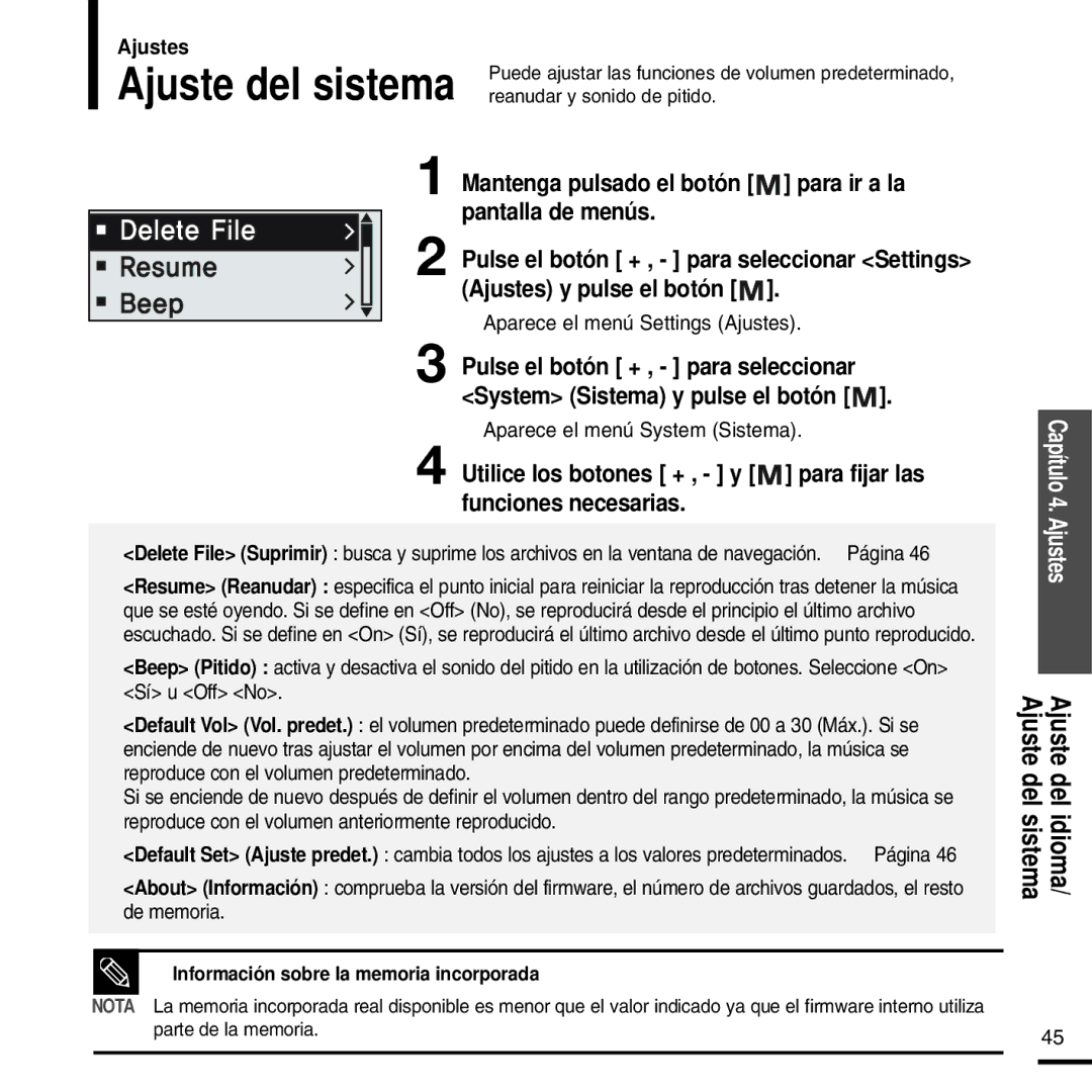 Samsung YP-F2RZW/ELS, YP-F2RZW/XET, YP-F2RXB/ELS manual Ajuste del sistema, Aparece el menú System Sistema 