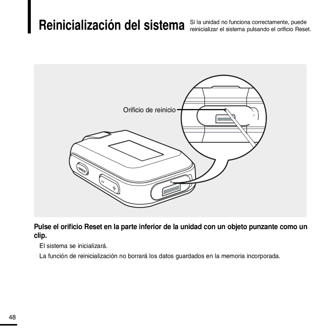 Samsung YP-F2RZW/ELS, YP-F2RZW/XET, YP-F2RXB/ELS manual Orificio de reinicio 