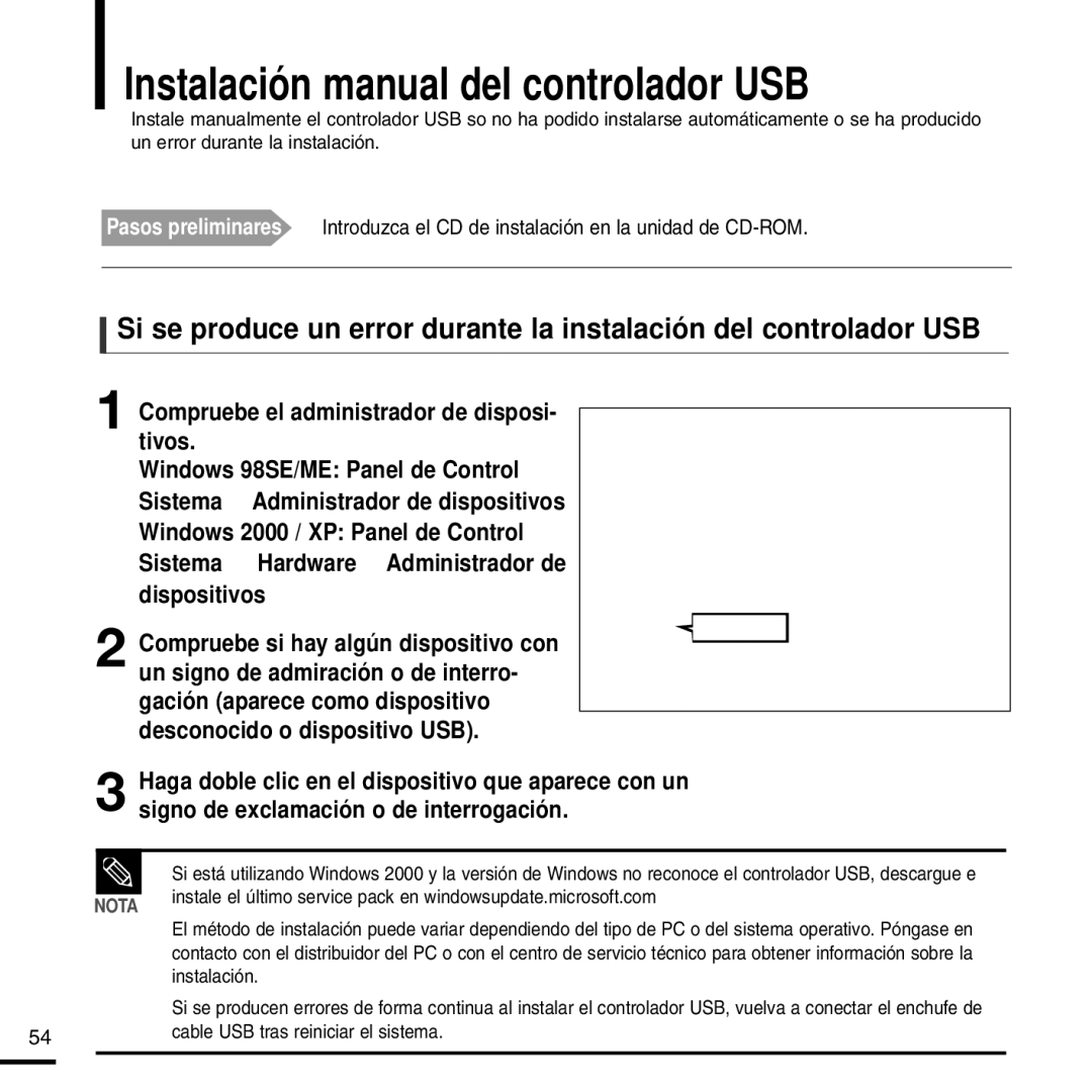 Samsung YP-F2RZW/ELS, YP-F2RZW/XET Instalación manual del controlador USB, Compruebe el administrador de disposi- tivos 