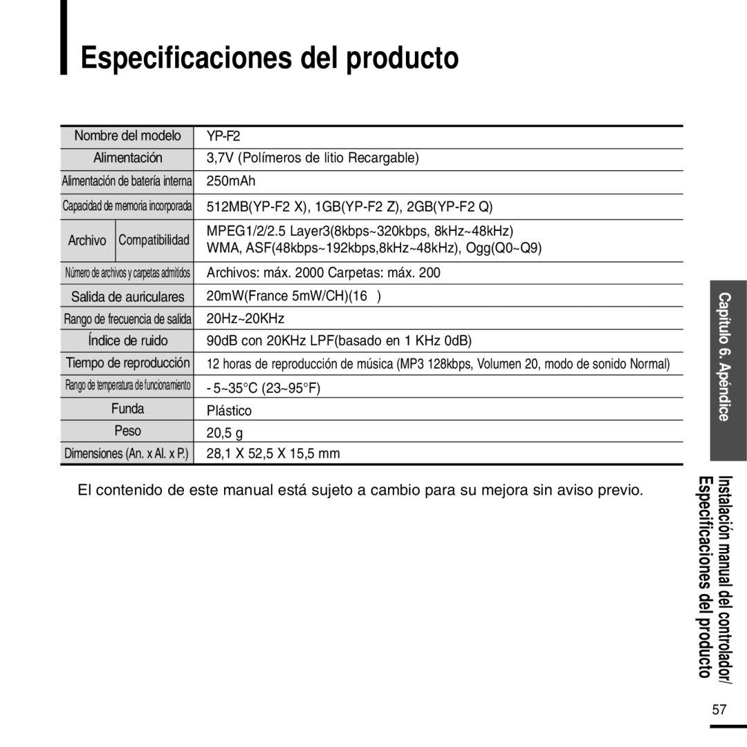 Samsung YP-F2RZW/ELS, YP-F2RZW/XET, YP-F2RXB/ELS manual Especificaciones del producto 