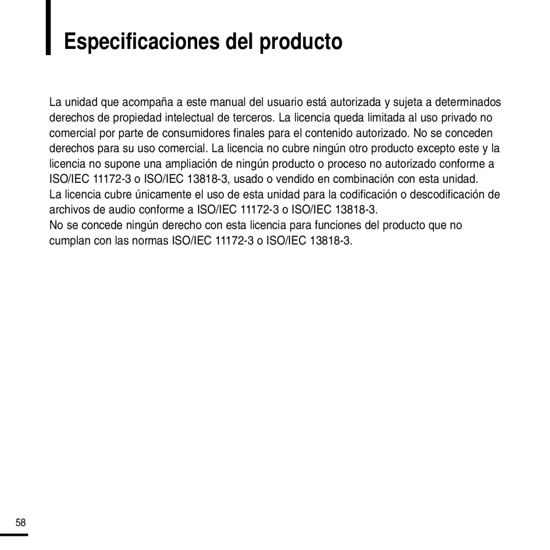 Samsung YP-F2RZW/XET, YP-F2RZW/ELS, YP-F2RXB/ELS manual Especificaciones del producto 