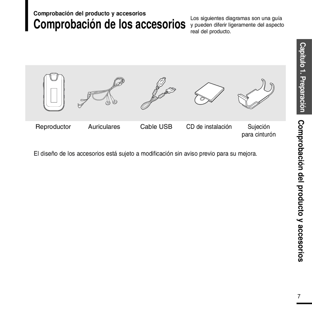 Samsung YP-F2RZW/XET manual Comprobación del producto y accesorios, Reproductor Auriculares Cable USB CD de instalación 