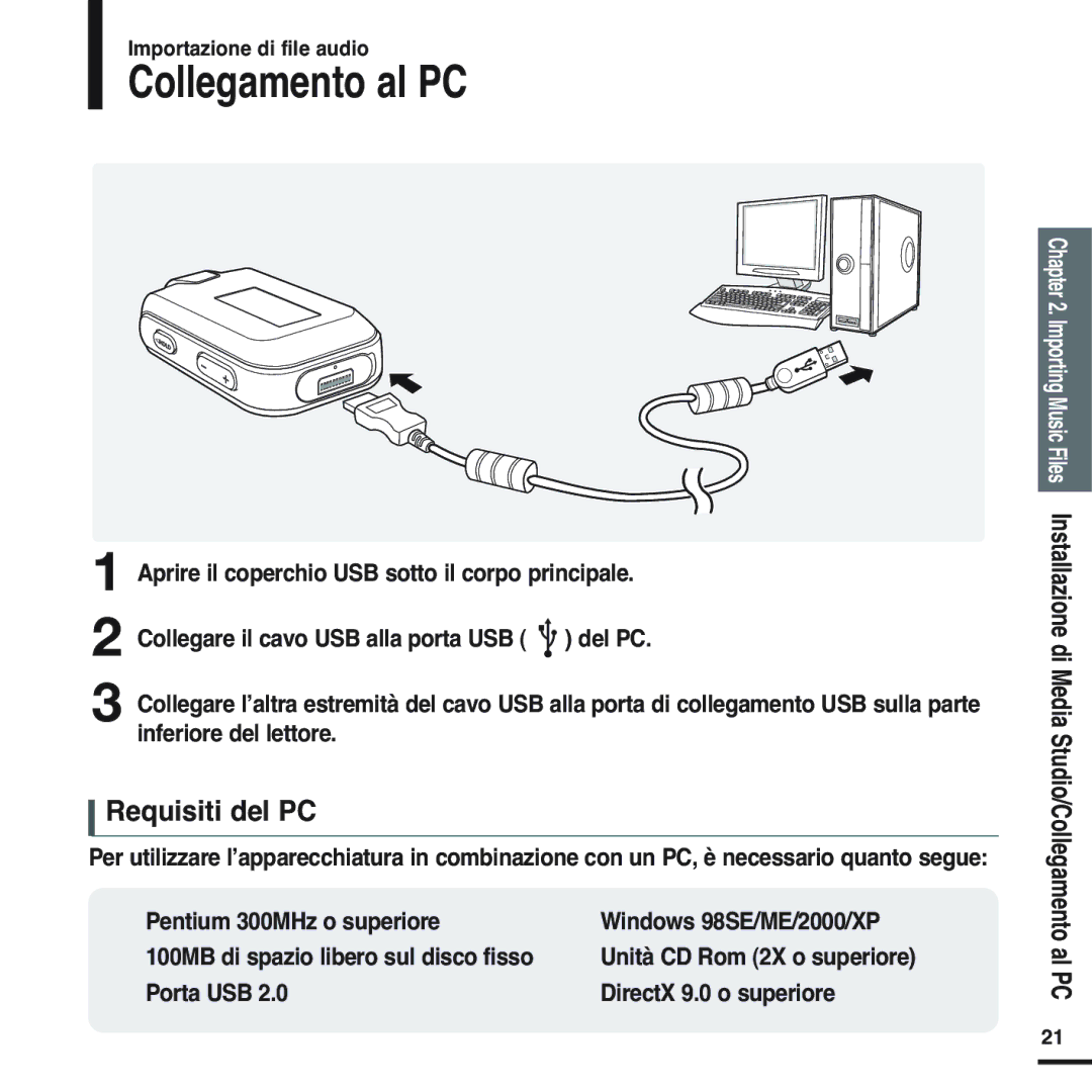 Samsung YP-F2RQB/XET Collegamento al PC, Requisiti del PC, Pentium 300MHz o superiore, Porta USB DirectX 9.0 o superiore 