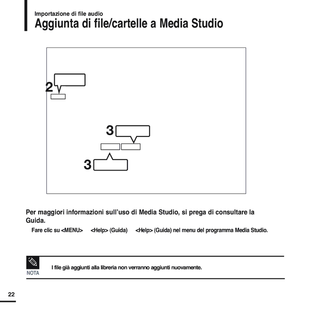 Samsung YP-F2RZW/XET, YP-F2XB/ELS, YP-F2RQB/XET, YP-F2RXB/ELS, YP-F2XW/ELS manual Aggiunta di file/cartelle a Media Studio 