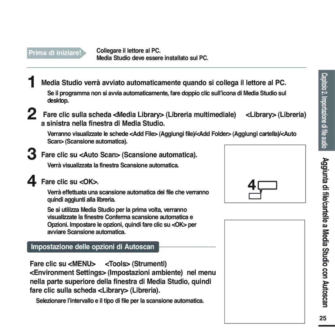 Samsung YP-F2XB/ELS manual Fare clic su Auto Scan Scansione automatica, Fare clic su OK, Avviare Scansione automatica 