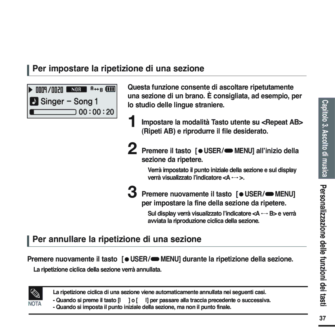 Samsung YP-F2RZW/XET, YP-F2XB/ELS Per impostare la ripetizione di una sezione, Per annullare la ripetizione di una sezione 