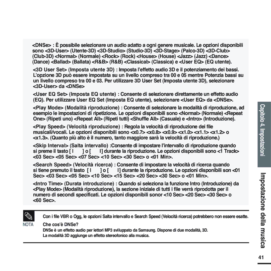 Samsung YP-F2RQB/XET, YP-F2XB/ELS, YP-F2RZW/XET, YP-F2RXB/ELS, YP-F2XW/ELS Capitolo 4. Impostazioni Impostazione della musica 