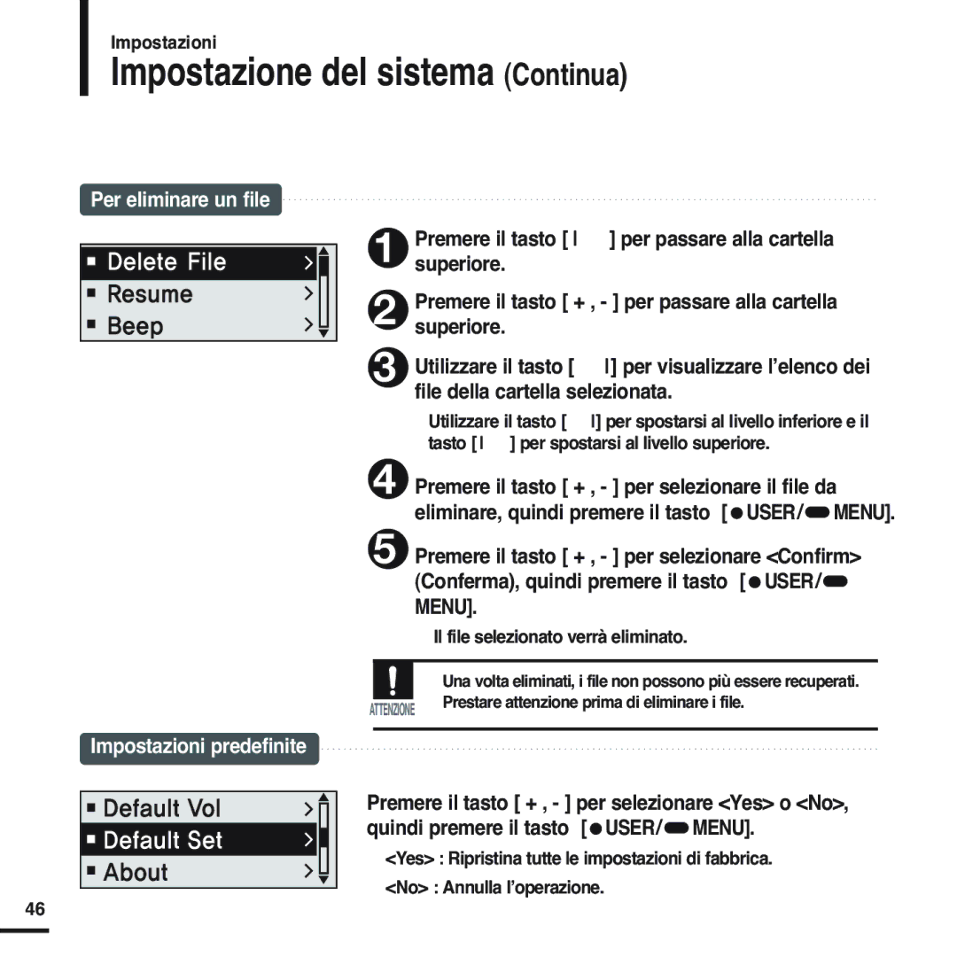 Samsung YP-F2RQB/XET, YP-F2XB/ELS, YP-F2RZW/XET manual Impostazione del sistema Continua, Il file selezionato verrà eliminato 