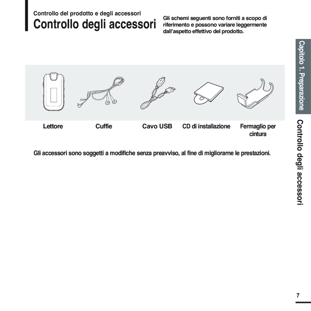 Samsung YP-F2RZW/XET, YP-F2XB/ELS, YP-F2RQB/XET, YP-F2RXB/ELS, YP-F2XW/ELS manual Controllo del prodotto e degli accessori 