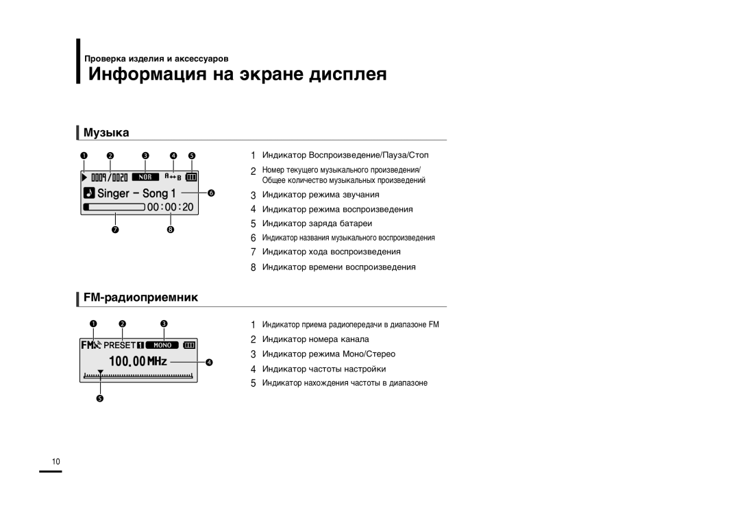 Samsung YP-F2XB/XFU manual »Ìùóï‡ˆëˇ Ì‡ ˝Í‡Ìâ ‰Ëòôîâˇ, Ãûá˚Í‡, Fm-‡‰Ëóôëâïìëí, »Ì‰ËÍ‡ÚÓ ¬ÓÒÔÓËÁ‚Â‰ÂÌËÂ/œ‡ÛÁ‡/-ÚÓÔ 