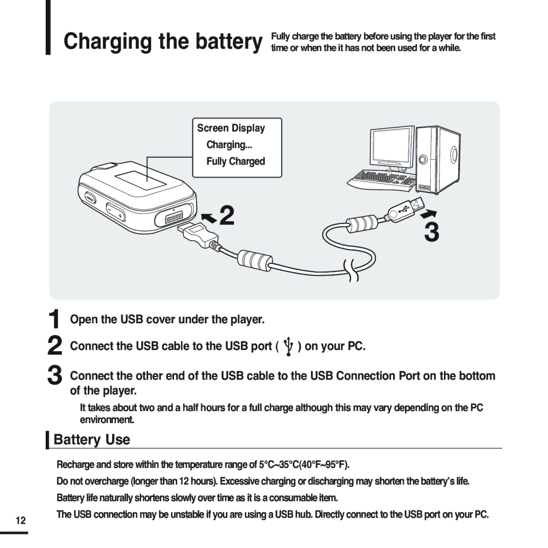 Samsung YP-F2QW/XSG, YP-F2ZW/HAO, YP-F2XW/AAW, YP-F2XB/XSG manual Charging the battery, Battery Use, Charging Fully Charged 