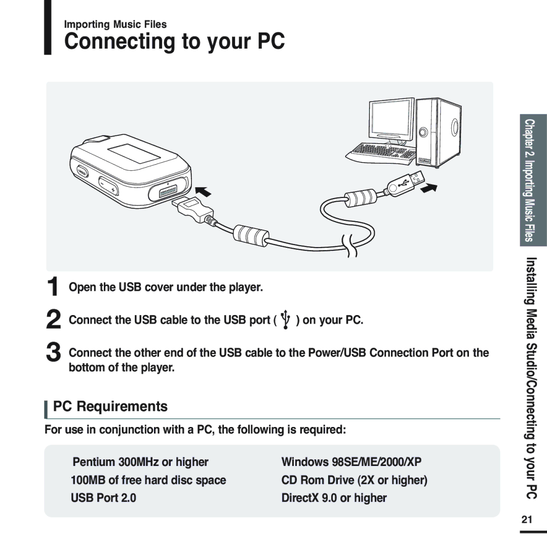 Samsung YP-F2XW/AAW, YP-F2ZW/HAO, YP-F2QW/XSG, YP-F2XB/XSG, YP-F2XW/HAO, YP-F2ZB/AAW Connecting to your PC, PC Requirements 