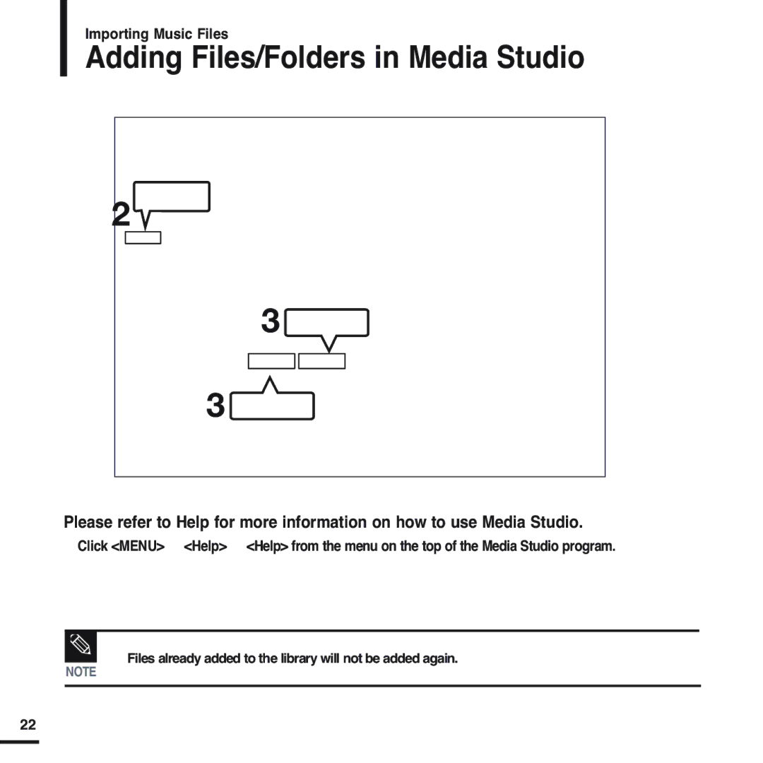 Samsung YP-F2QW/XSG, YP-F2ZW/HAO, YP-F2XW/AAW, YP-F2XB/XSG, YP-F2XW/HAO, YP-F2ZB/AAW manual Adding Files/Folders in Media Studio 