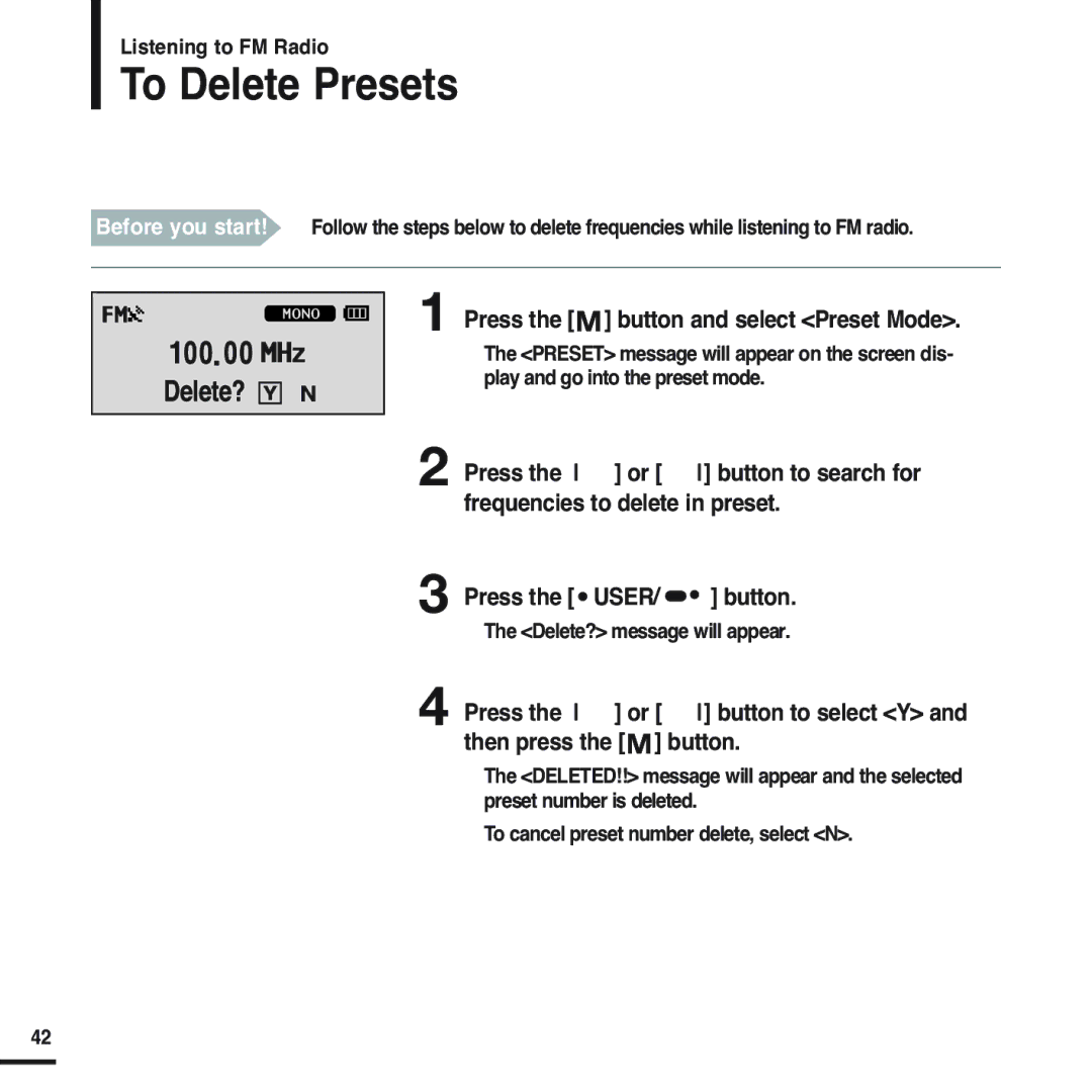 Samsung YP-F2QW/XSG, YP-F2ZW/HAO To Delete Presets, Press the button and select Preset Mode, Delete? message will appear 