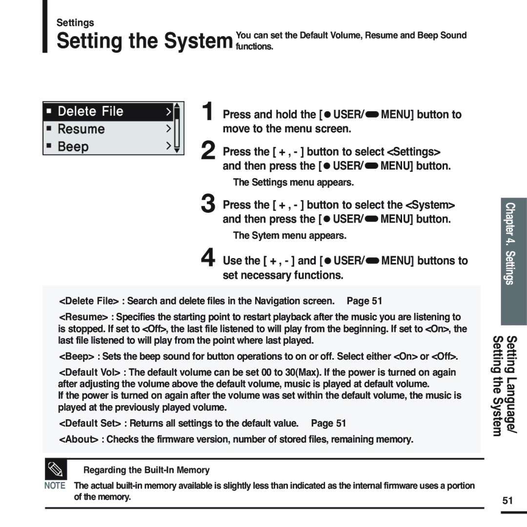 Samsung YP-F2XW/AAW, YP-F2ZW/HAO, YP-F2QW/XSG, YP-F2XB/XSG, YP-F2XW/HAO, YP-F2ZB/AAW, YP-F2XB/HAO, YP-F2ZB/HAO manual Settings 