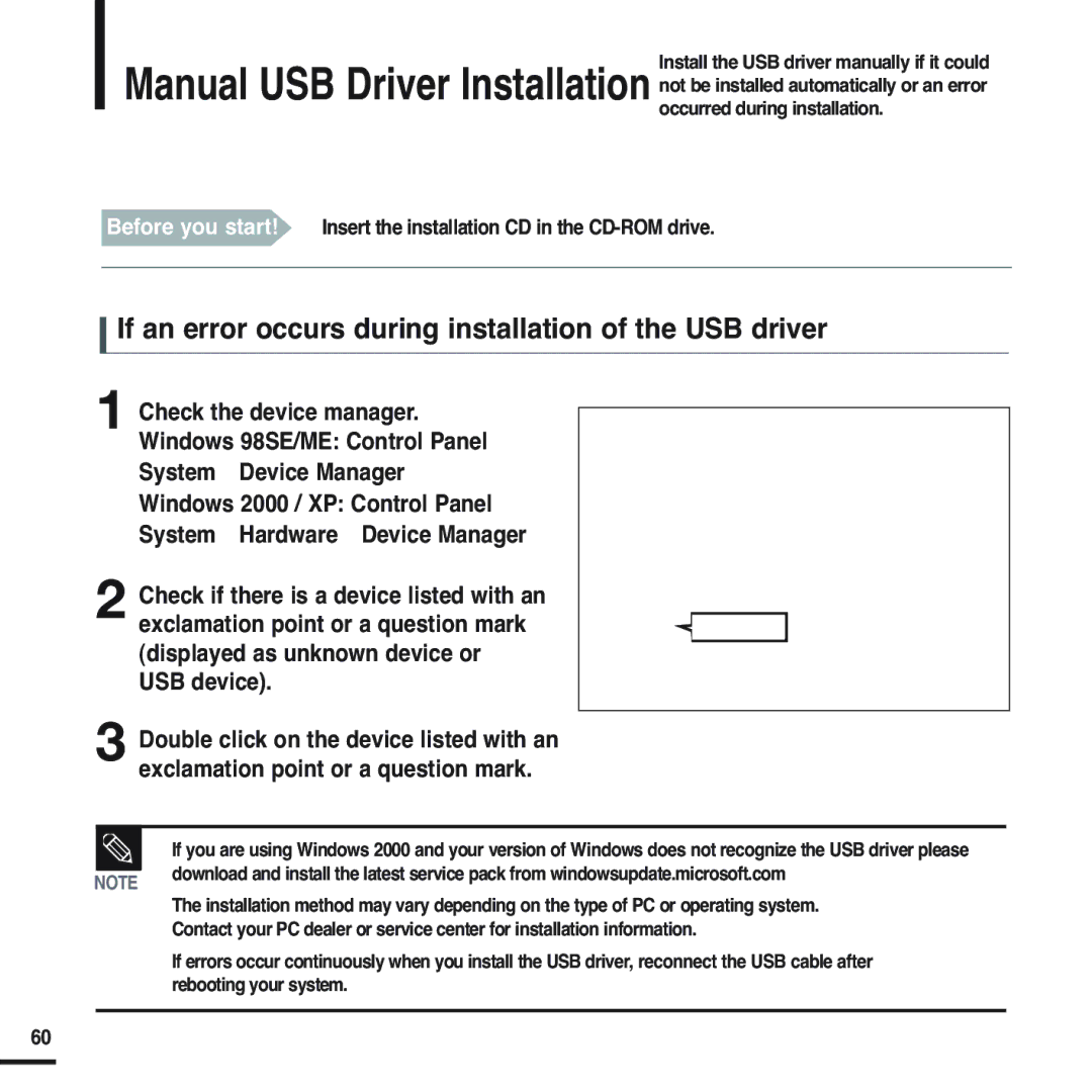 Samsung YP-F2ZW/HAO, YP-F2XW/AAW, YP-F2QW/XSG, YP-F2XB/XSG manual If an error occurs during installation of the USB driver 